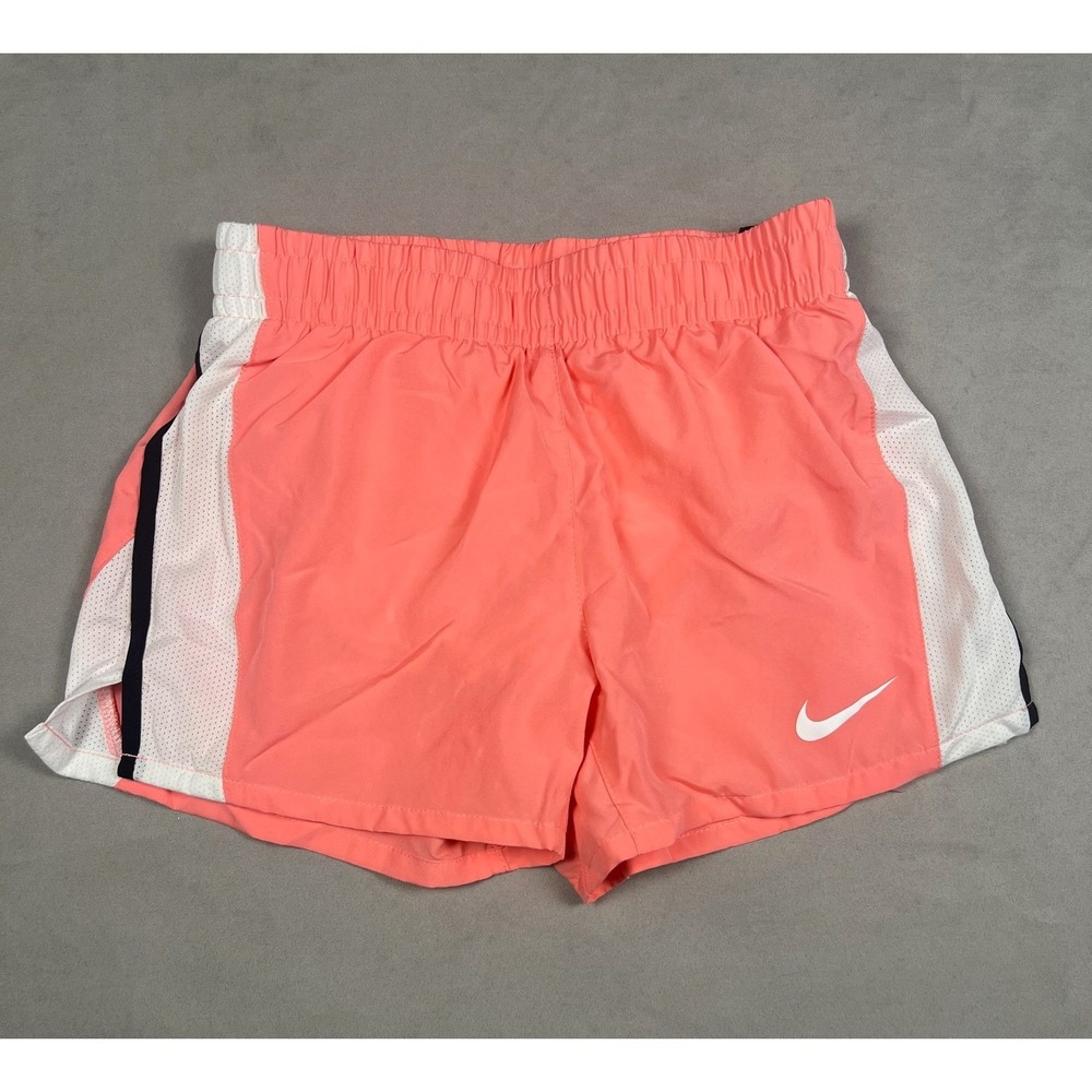 Nike Girls Dri-FIT Running Shorts Coral Pink White Mesh Side Panels Size Medium